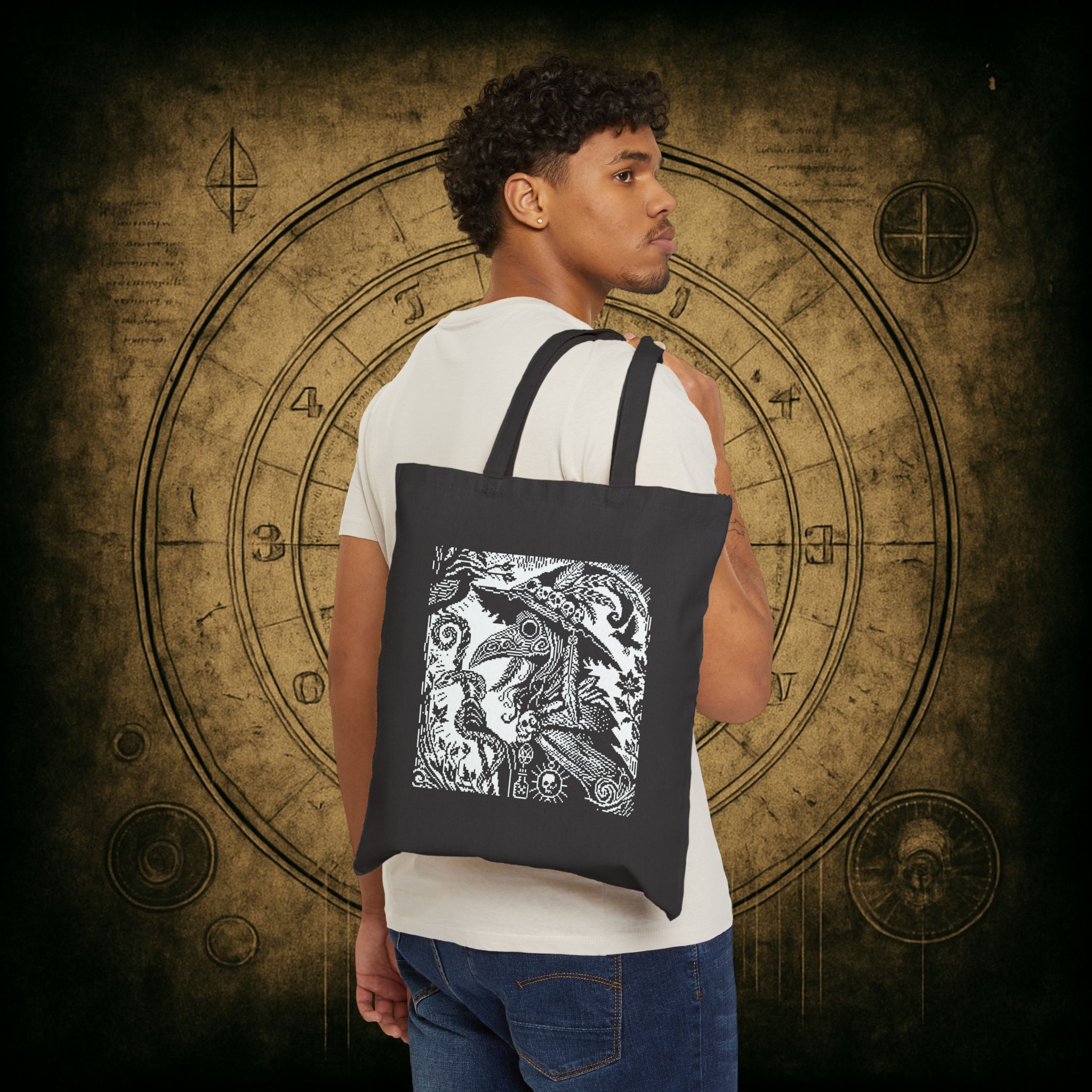 Woodcut Plague Doctor Witch Tote Bag - Image 9