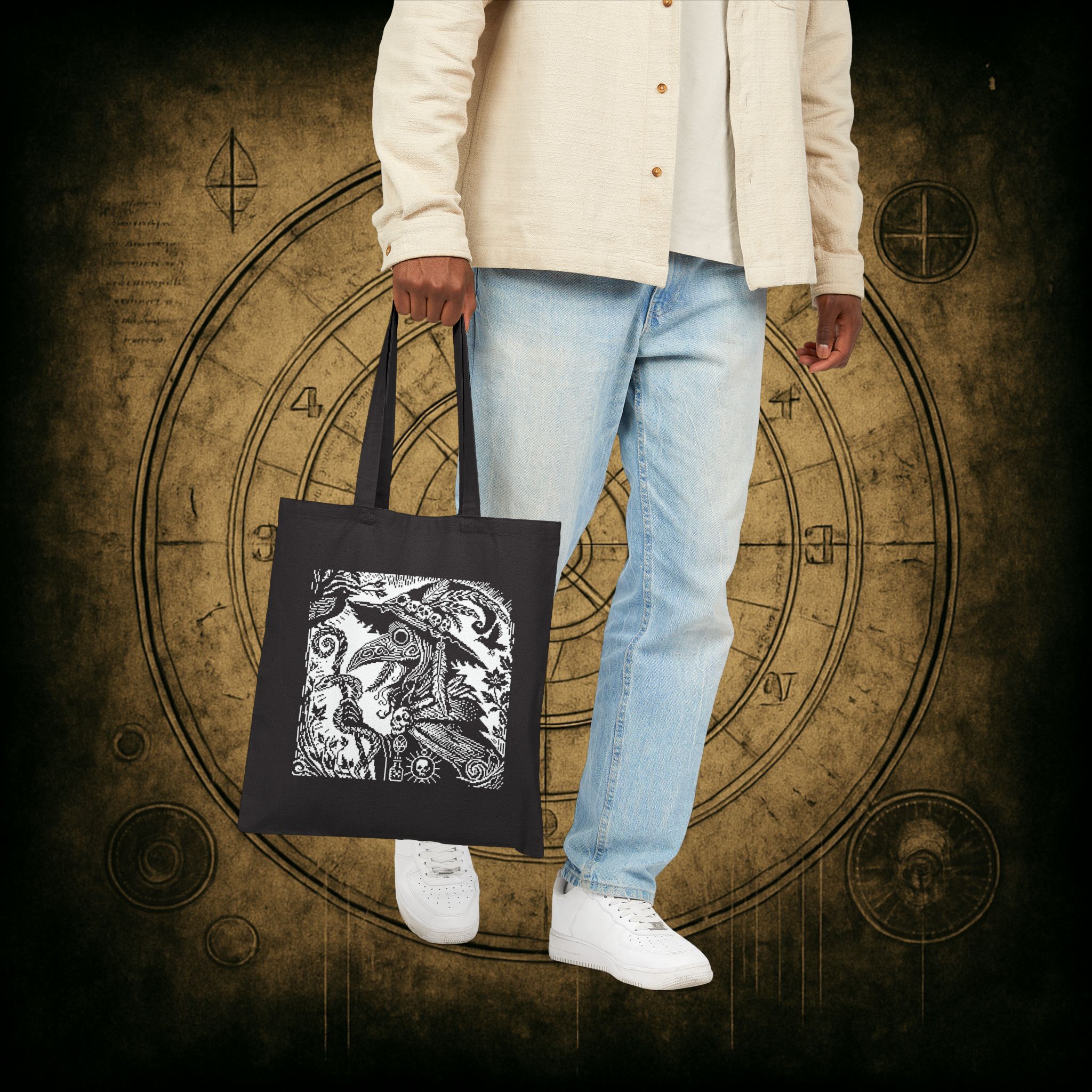 Woodcut Plague Doctor Witch Tote Bag - Image 14