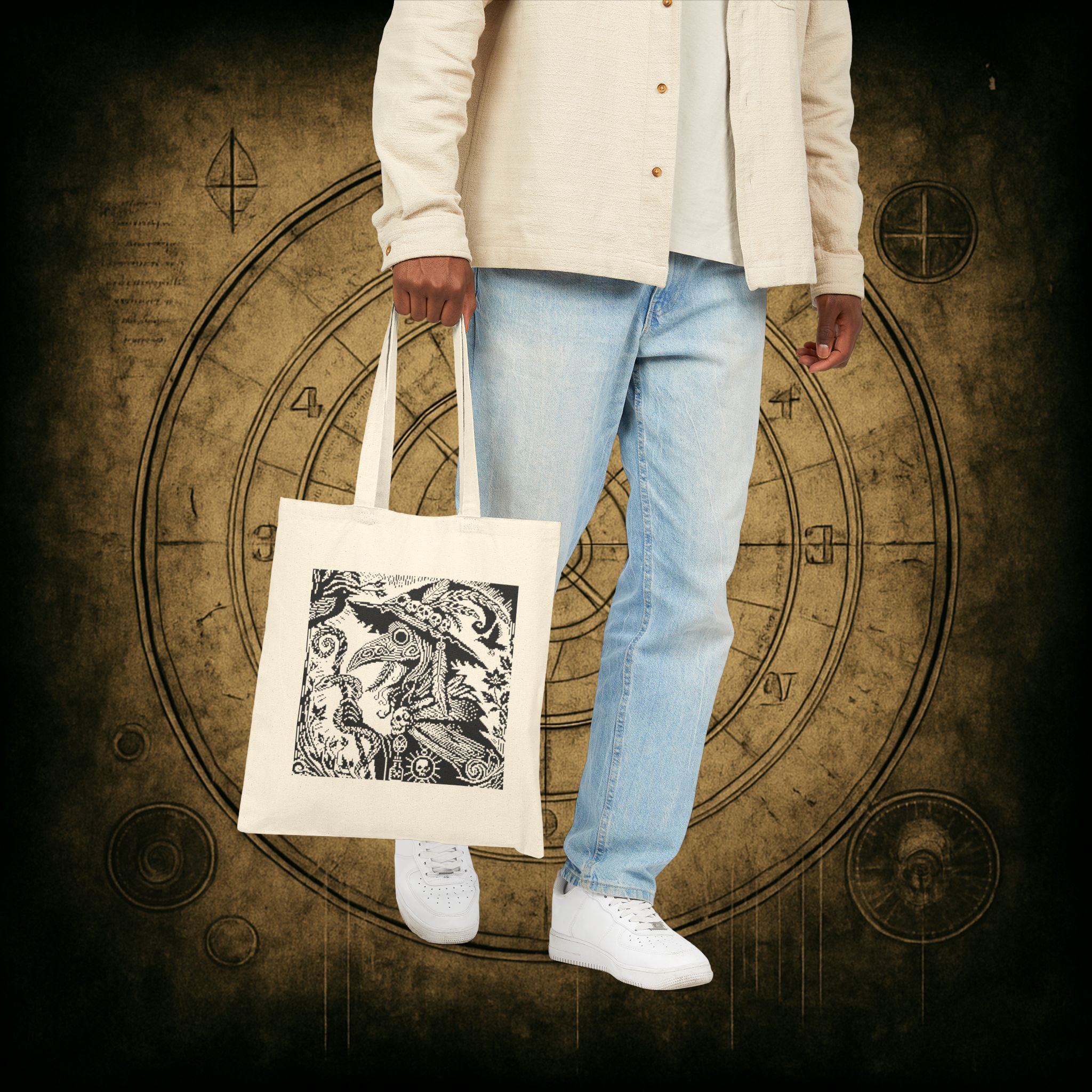 Woodcut Plague Doctor Witch Tote Bag - Image 7