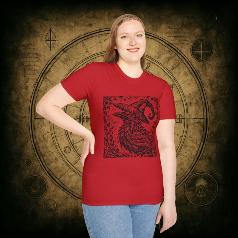Woodcut Raven Unisex T-shirt - Image 70