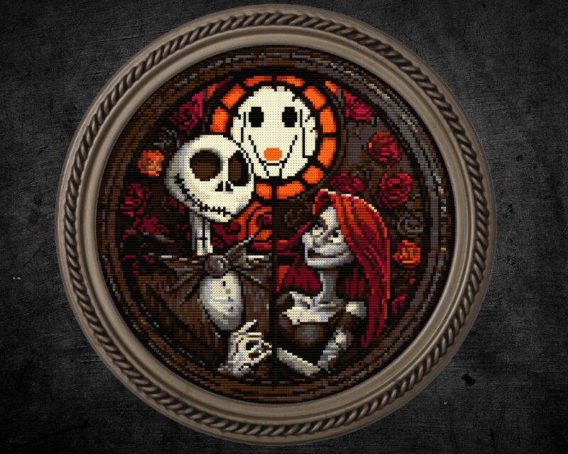 Jack & Sally Skellington Stained Glass Cross Stitch Pattern