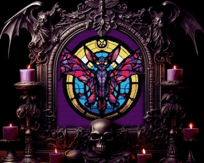 Stained Glass Sphinx Cat Bat Cross Stitch Pattern