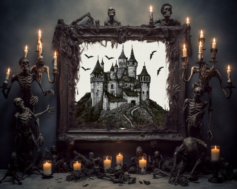 Dracula's Castle with Bats Cross Stitch Pattern