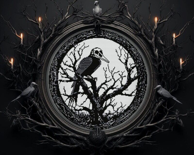 Raven Skull Woodcut Crow Cross Stitch Pattern