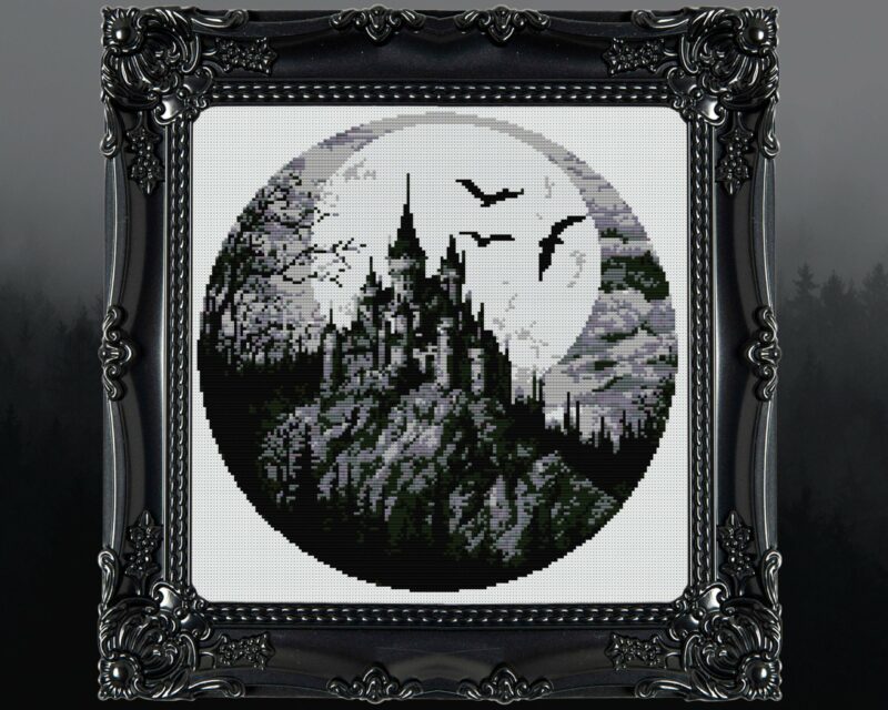 Dracula's Castle with Moon Cross Stitch Pattern - Image 2