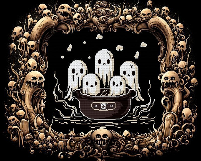 Spooky Ghosts in Witch's Cauldron Cross Stitch Pattern - Image 2