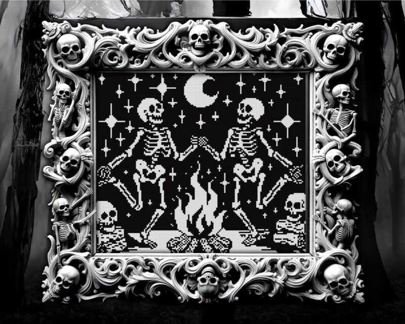 Woodcut Dancing Skeleton Cross Stitch Pattern