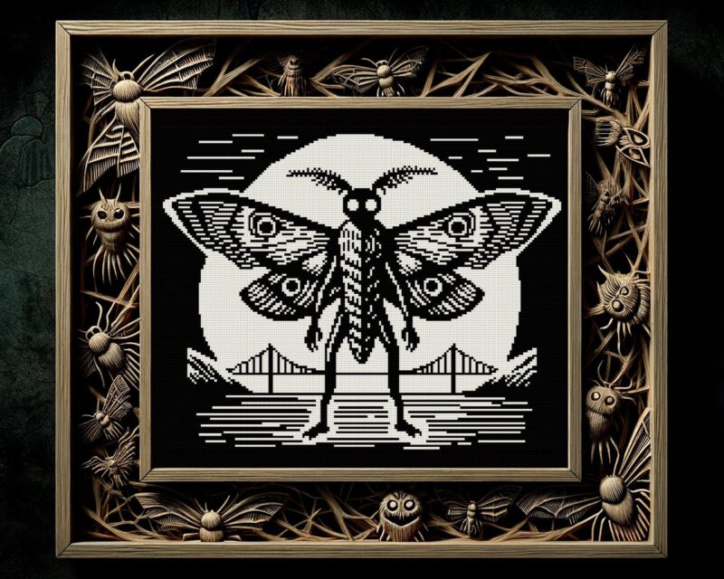 Woodcut Mothman Gothic Cross Stitch Pattern