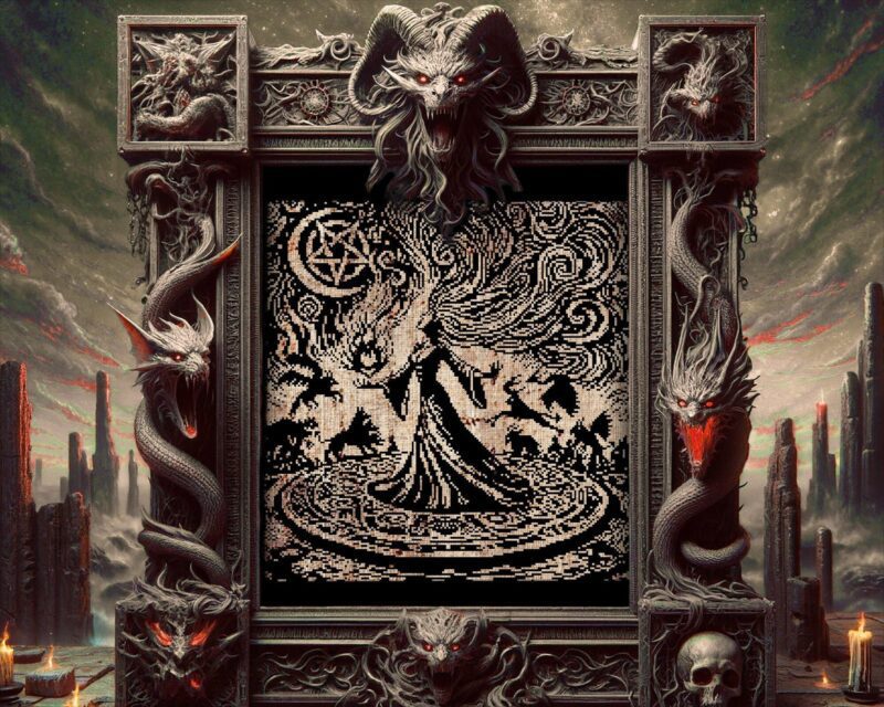 Woodcut Summoner Witch Cross Stitch Pattern