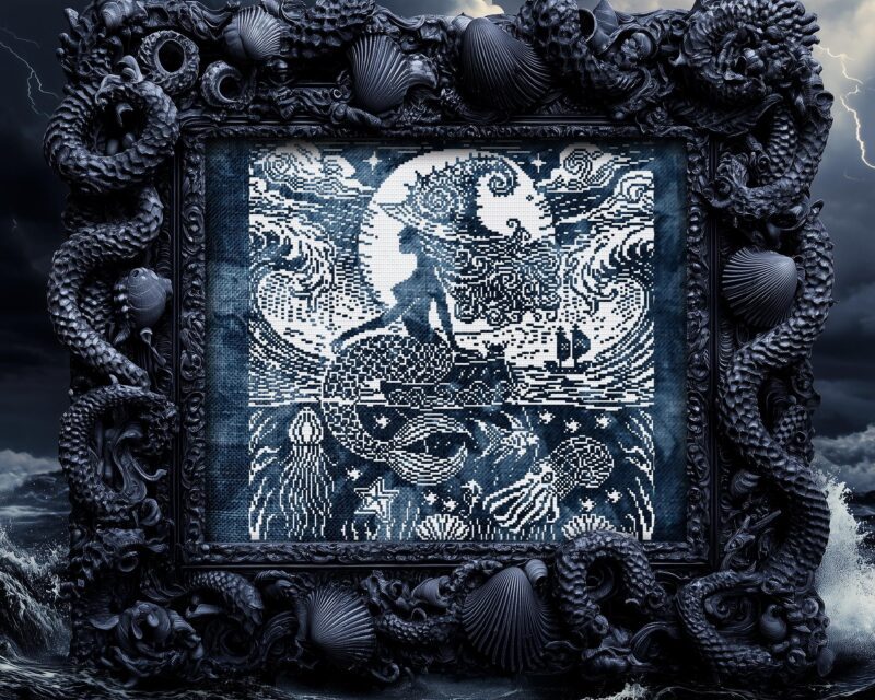 Woodcut Mermaid Witch Cross Stitch Pattern - Image 2