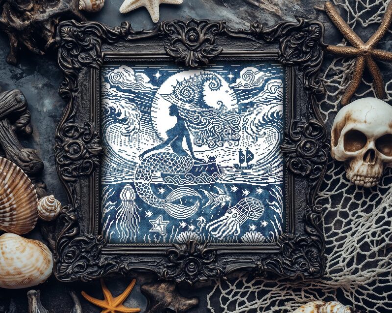 Woodcut Mermaid Witch Cross Stitch Pattern - Image 6