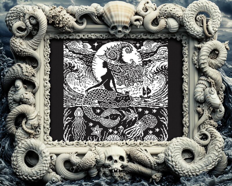 Woodcut Mermaid Witch Cross Stitch Pattern - Image 5