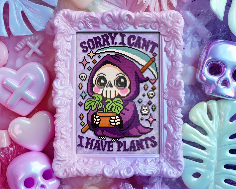 Pastel Goth Grim Reaper with Plants Cross Stitch Pattern - Image 3