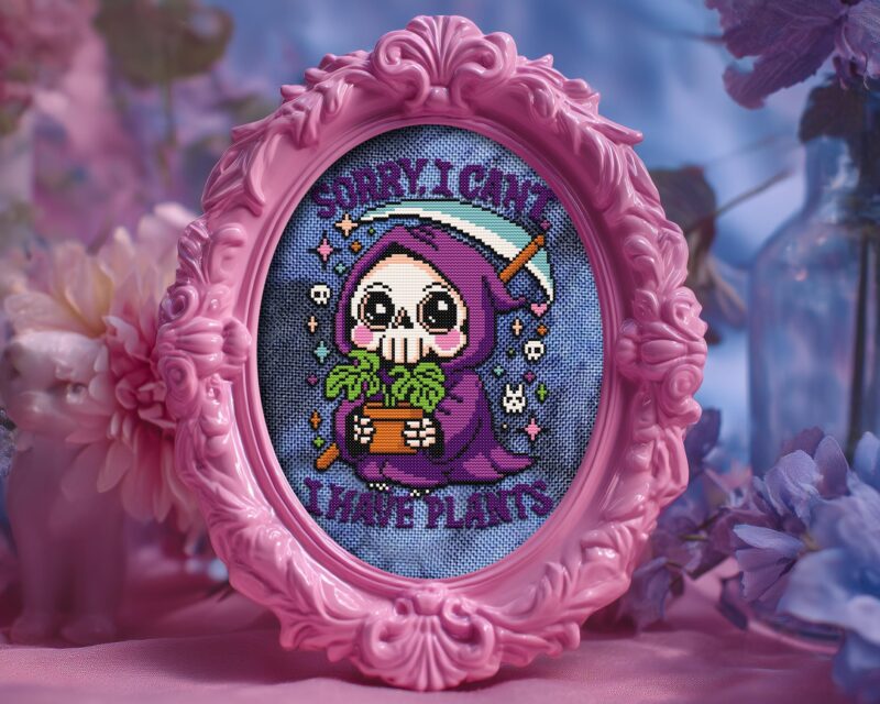 Pastel Goth Grim Reaper with Plants Cross Stitch Pattern - Image 9