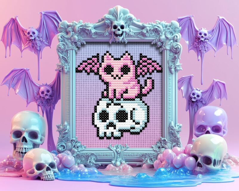 Mini Pastel Goth Cat on Skull Cross Stitch Pattern - Image 3