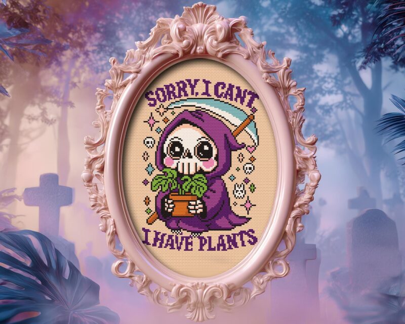 Pastel Goth Grim Reaper with Plants Cross Stitch Pattern - Image 8