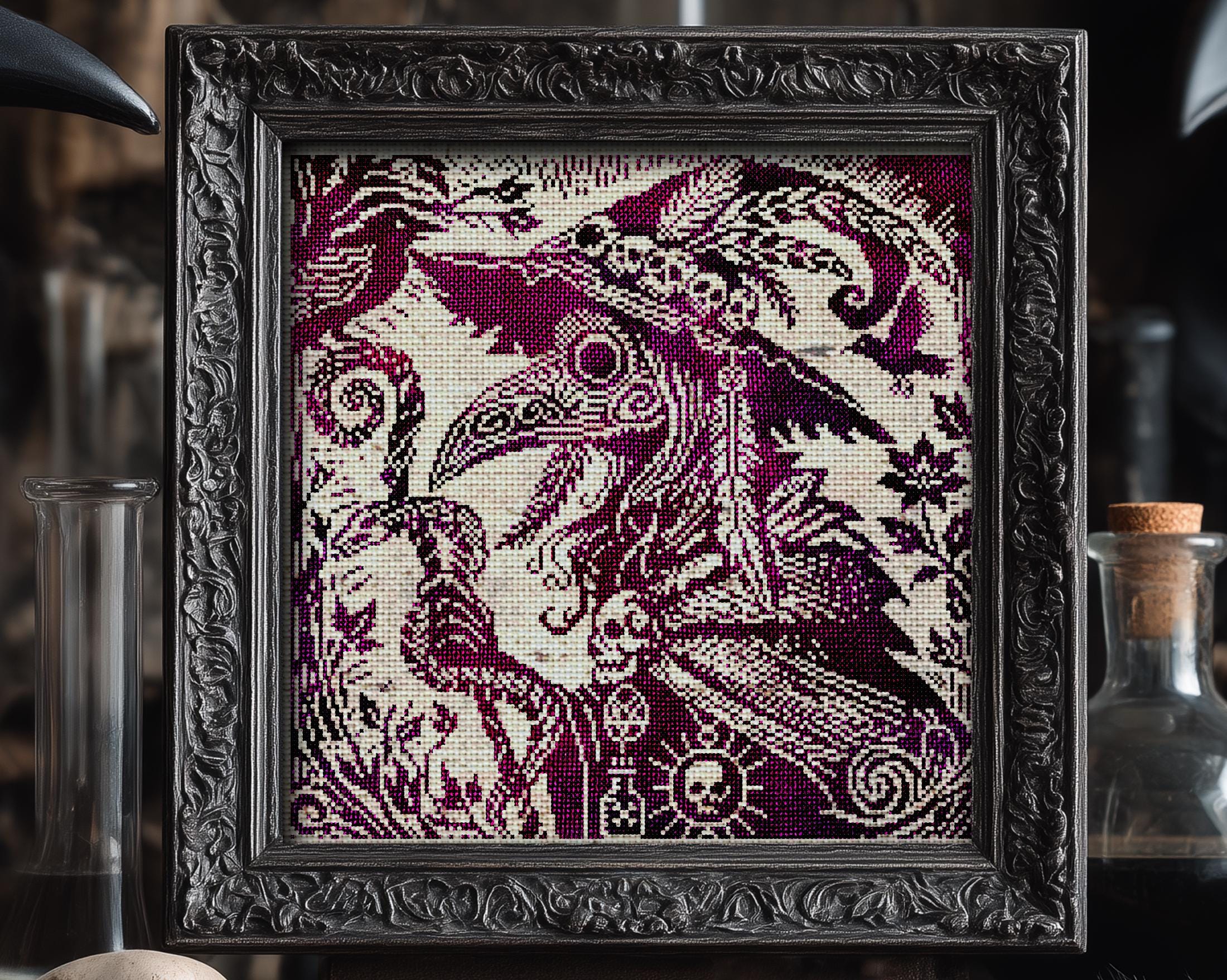 Woodcut Plague Doctor Witch Cross Stitch Pattern - Image 6