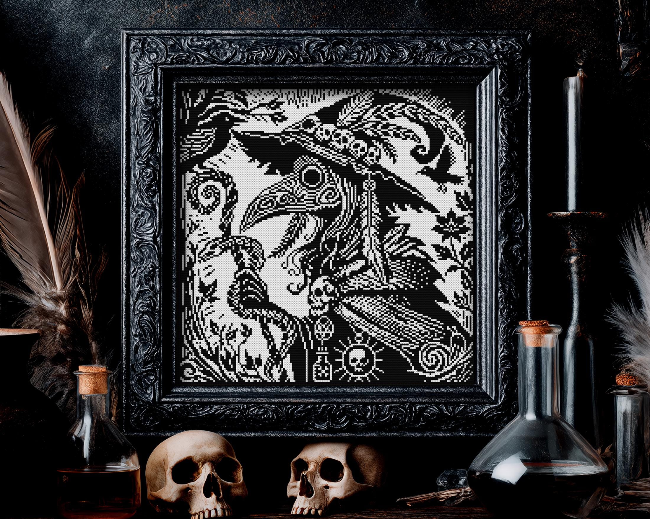 Woodcut Plague Doctor Witch Cross Stitch Pattern - Image 5
