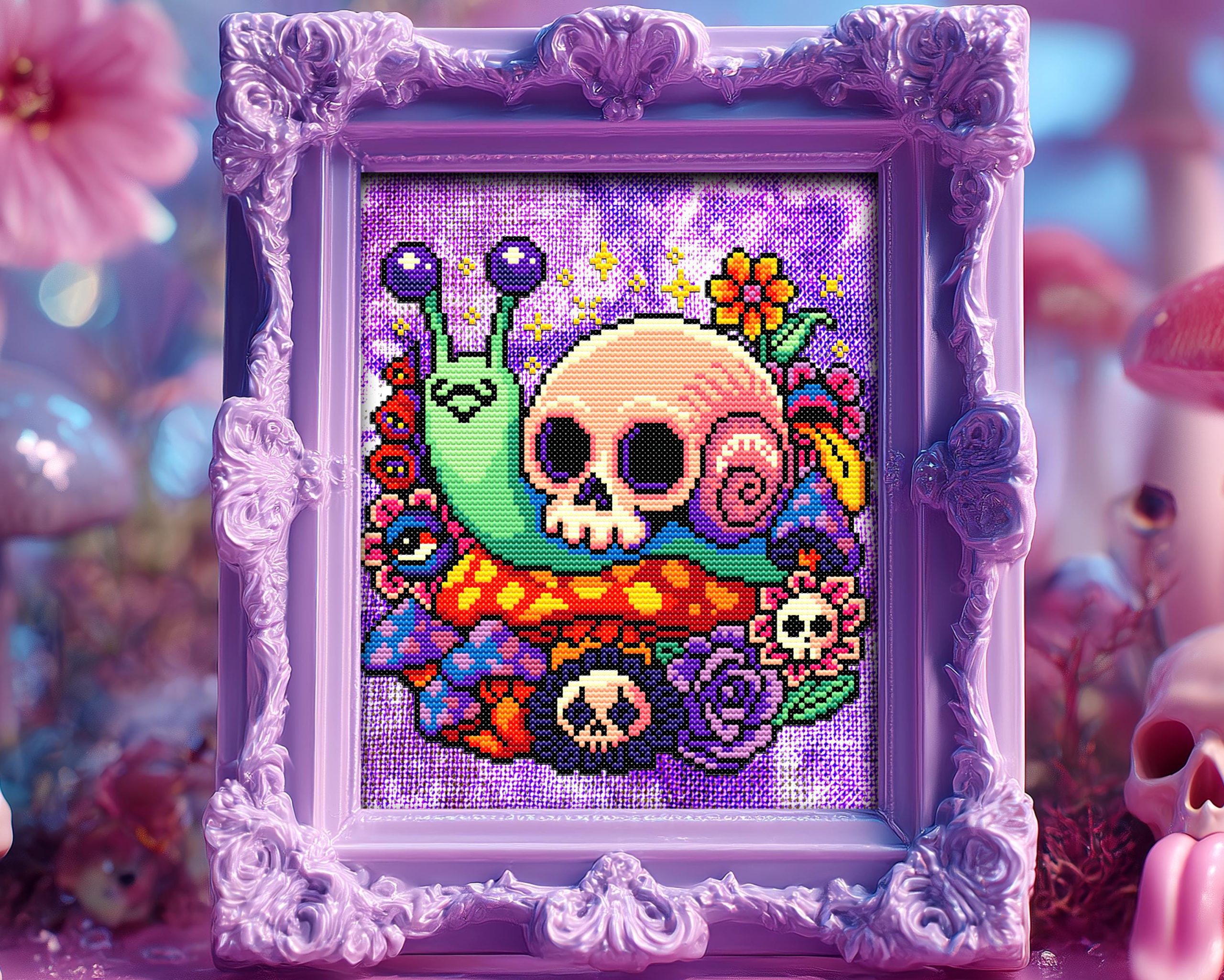 Pastel Goth Snail Skull Cross Stitch Pattern