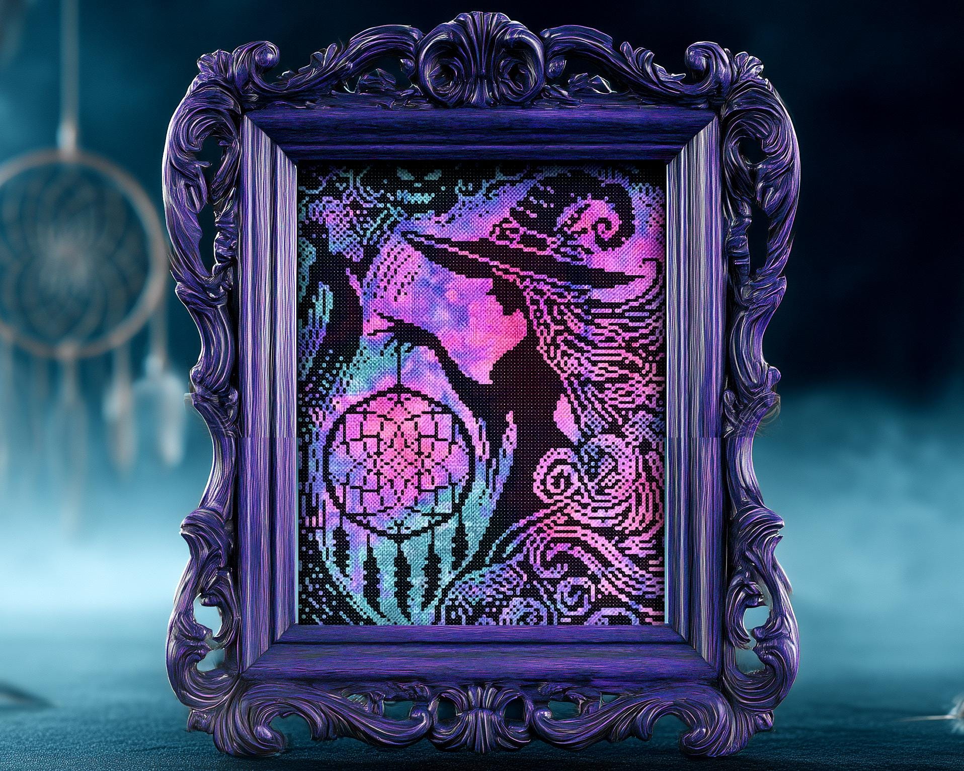 Woodcut Dream Weaver Witch Cross Stitch Pattern - Image 5