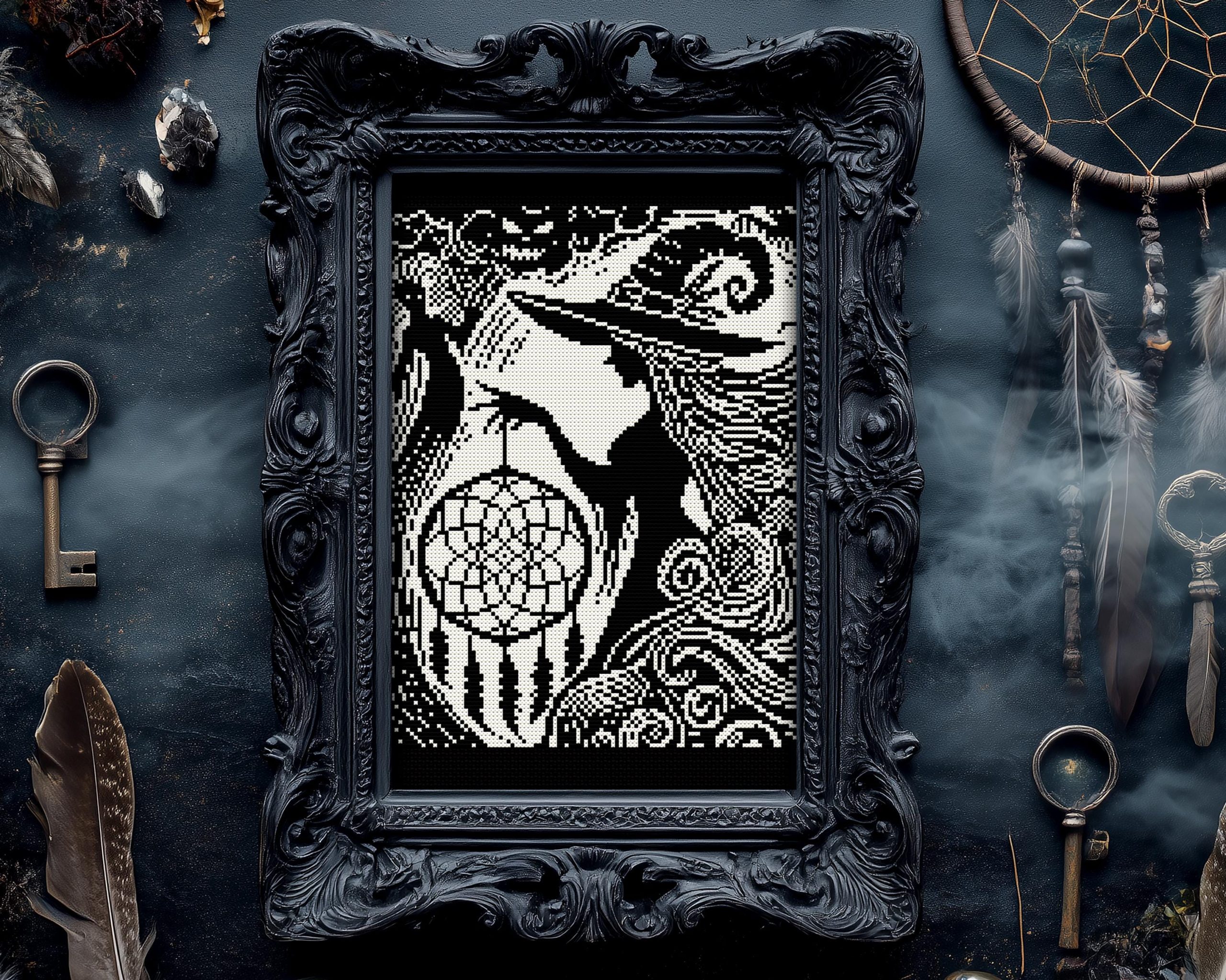 Woodcut Dream Weaver Witch Cross Stitch Pattern - Image 6