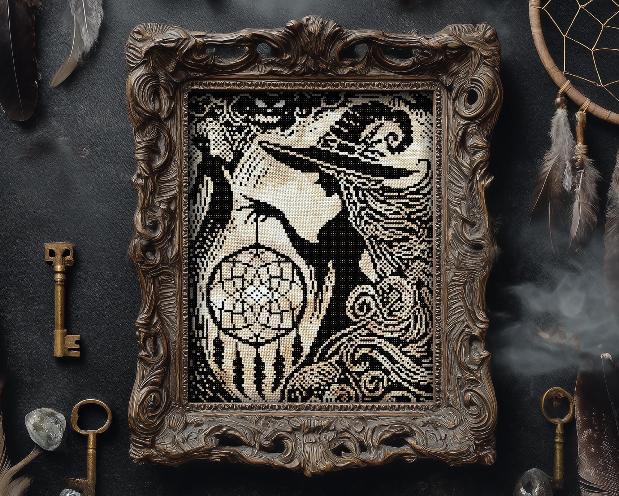 Woodcut Dream Weaver Witch Cross Stitch Pattern