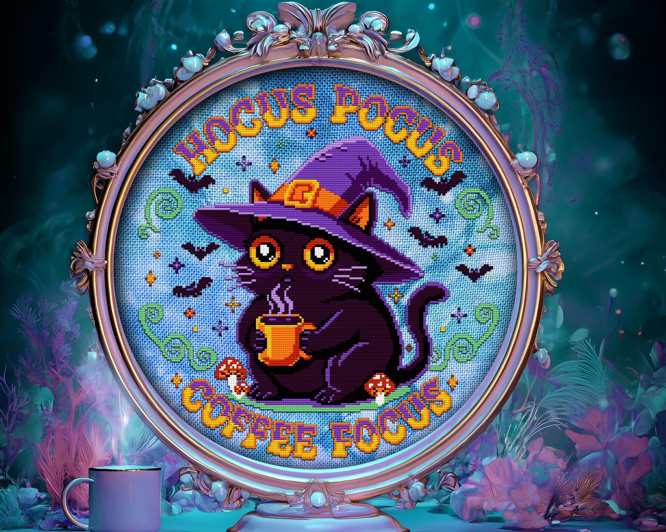 Coffee Focus Black Cat Cross Stitch Pattern