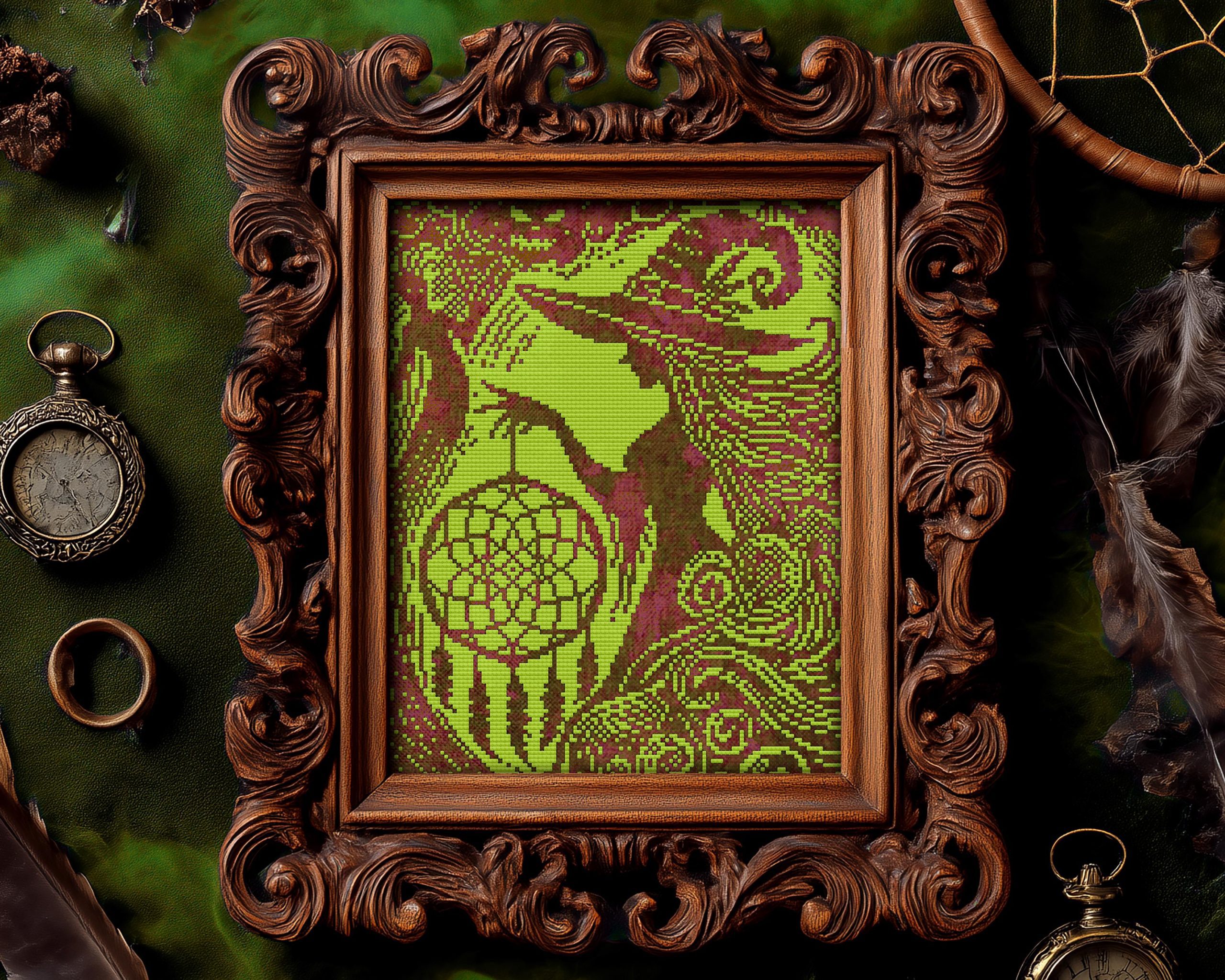 Woodcut Dream Weaver Witch Cross Stitch Pattern - Image 7