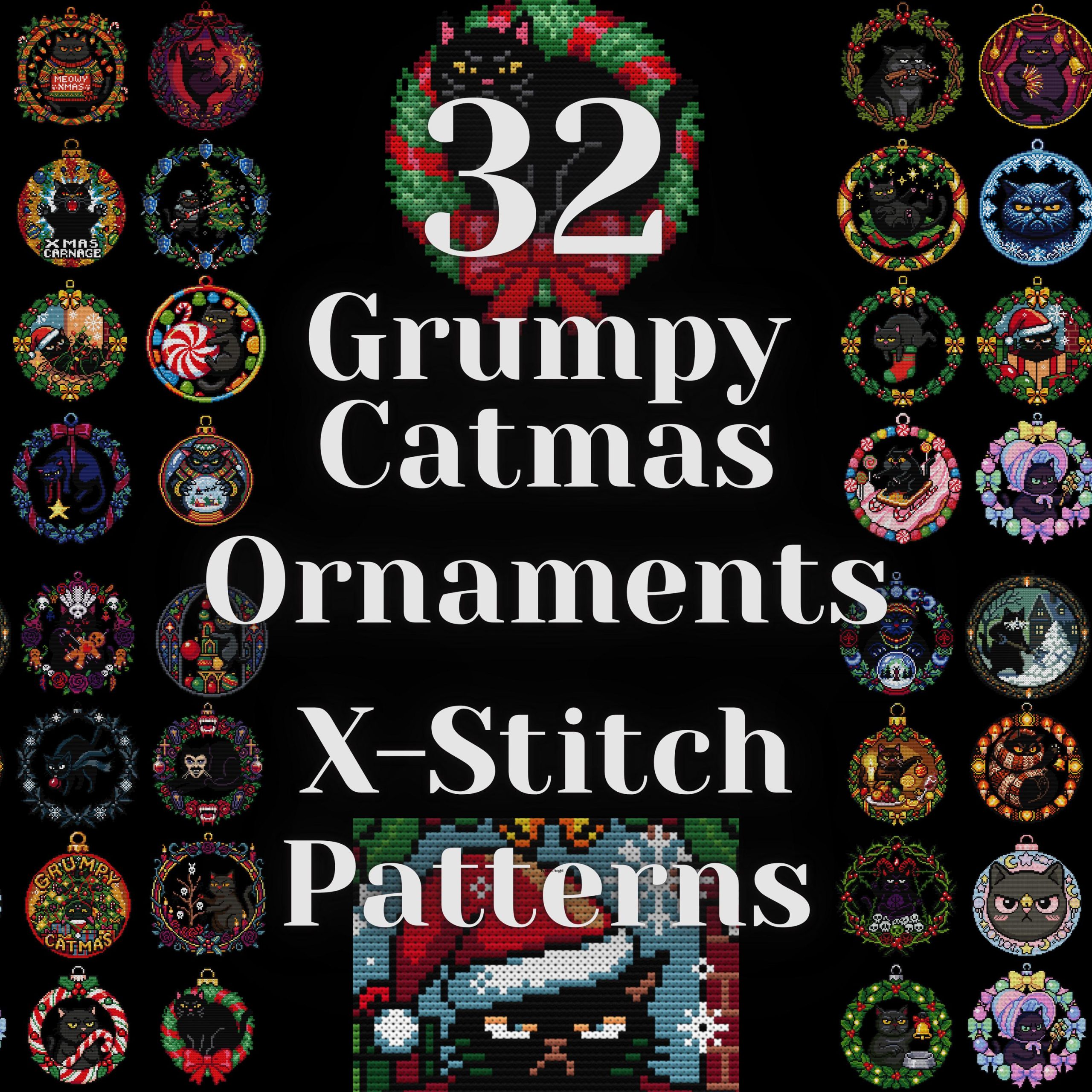 Grumpy Cat Xmas Ornament Cross Stitch Pattern Bundle - Set 32 Designs