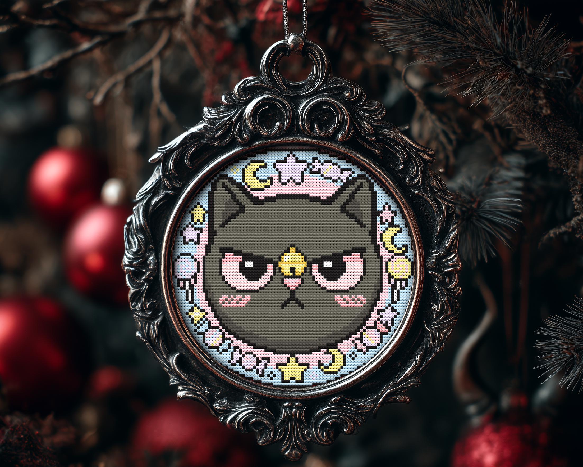 Pastel Goth Grumpy Cat Christmas Ornament Cross Stitch Pattern