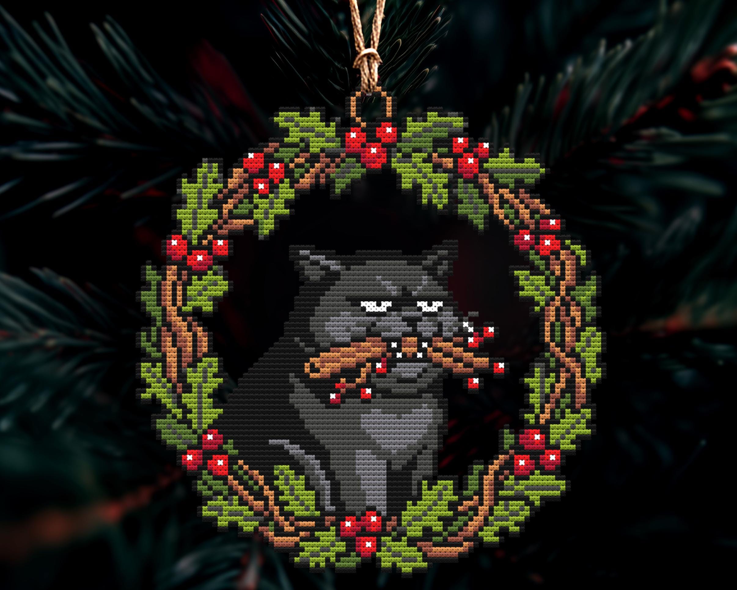 Grumpy Wreath Gift Cat Christmas Ornament Cross Stitch Pattern - Image 3
