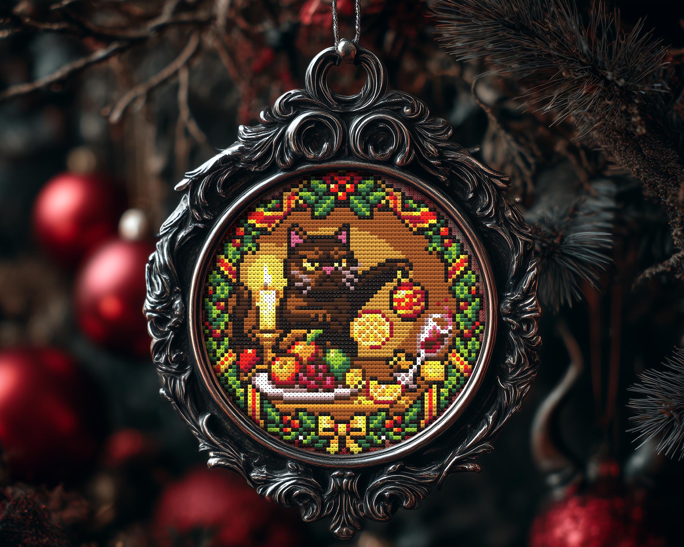 Grumpy Supper Cat Christmas Ornament Cross Stitch Pattern