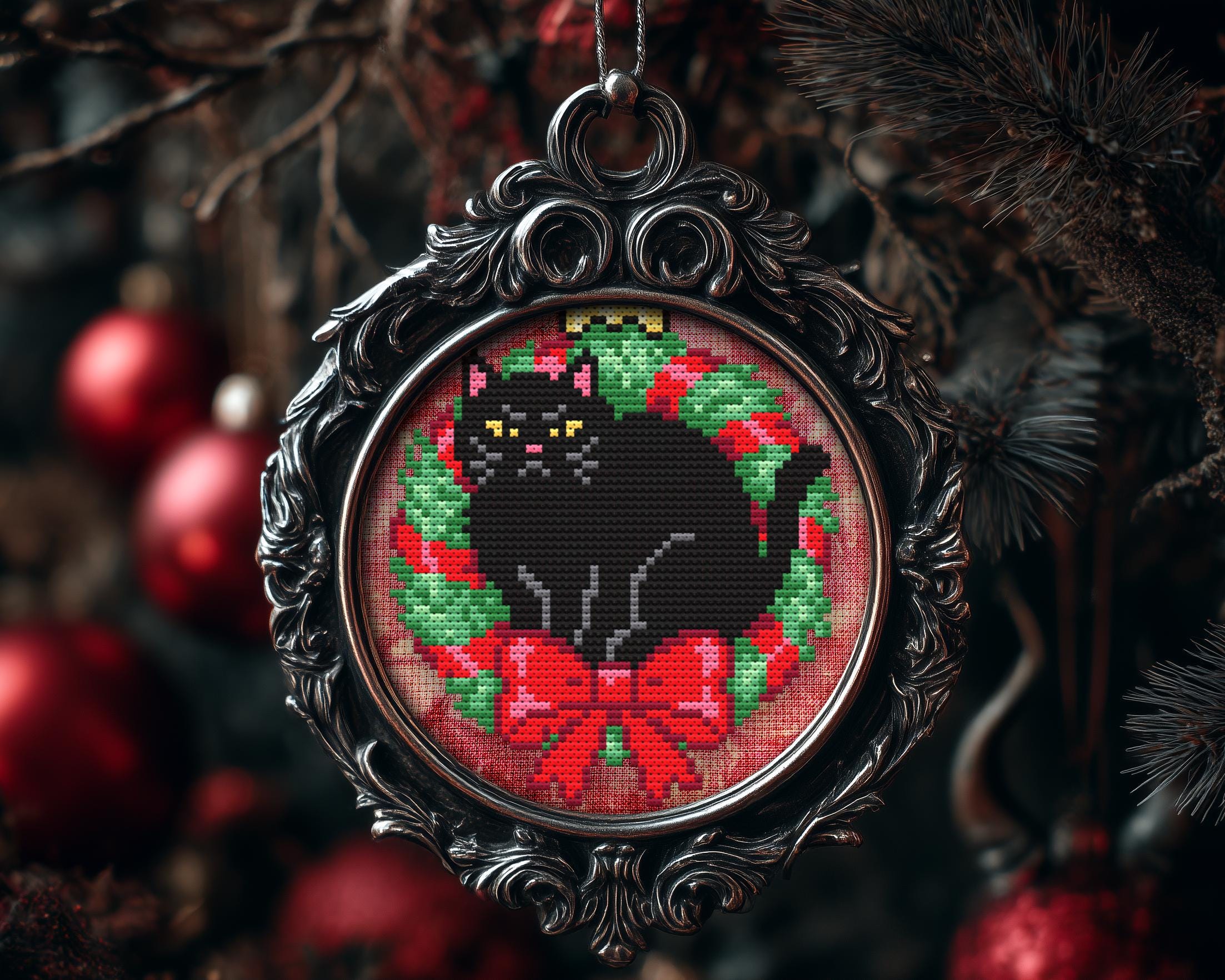Grumpy Wreath Bed Cat Christmas Ornament Cross Stitch Pattern