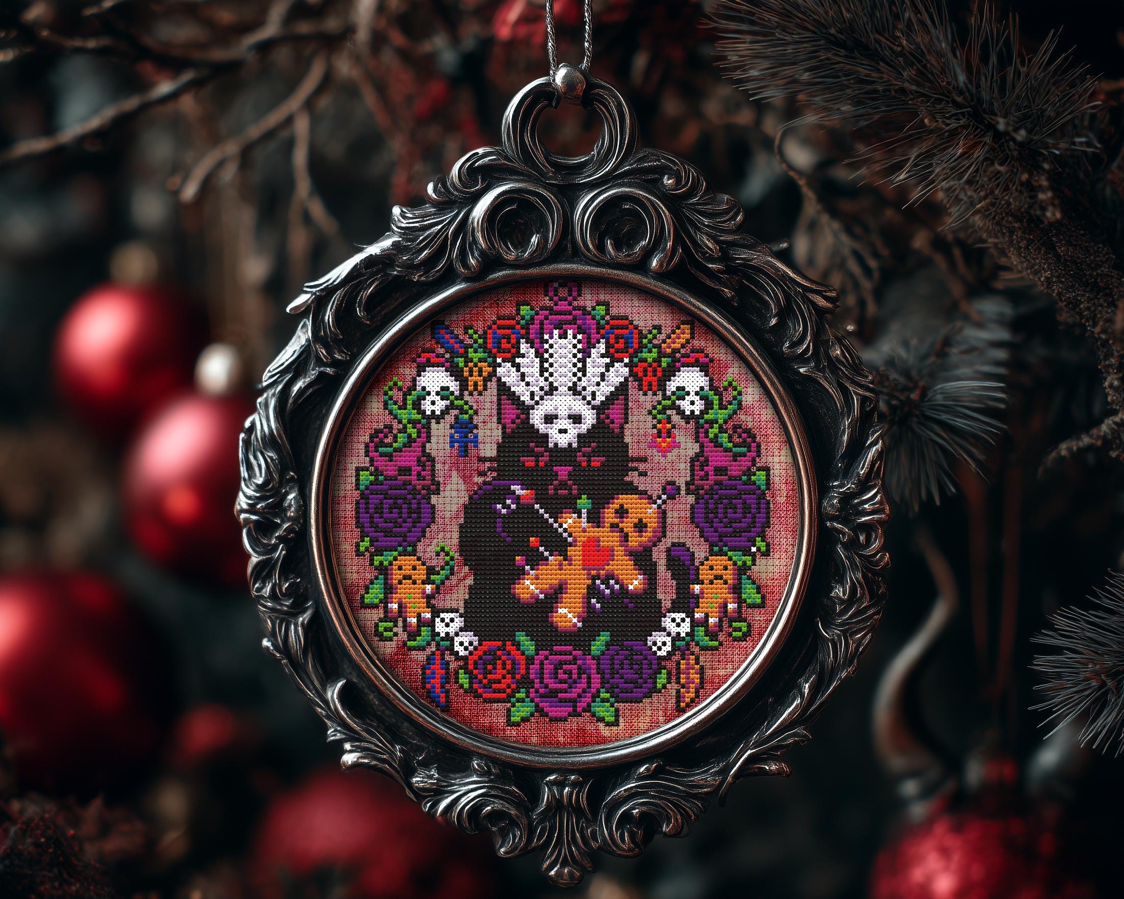 Grumpy Voodoo Cat Christmas Ornament Cross Stitch Pattern