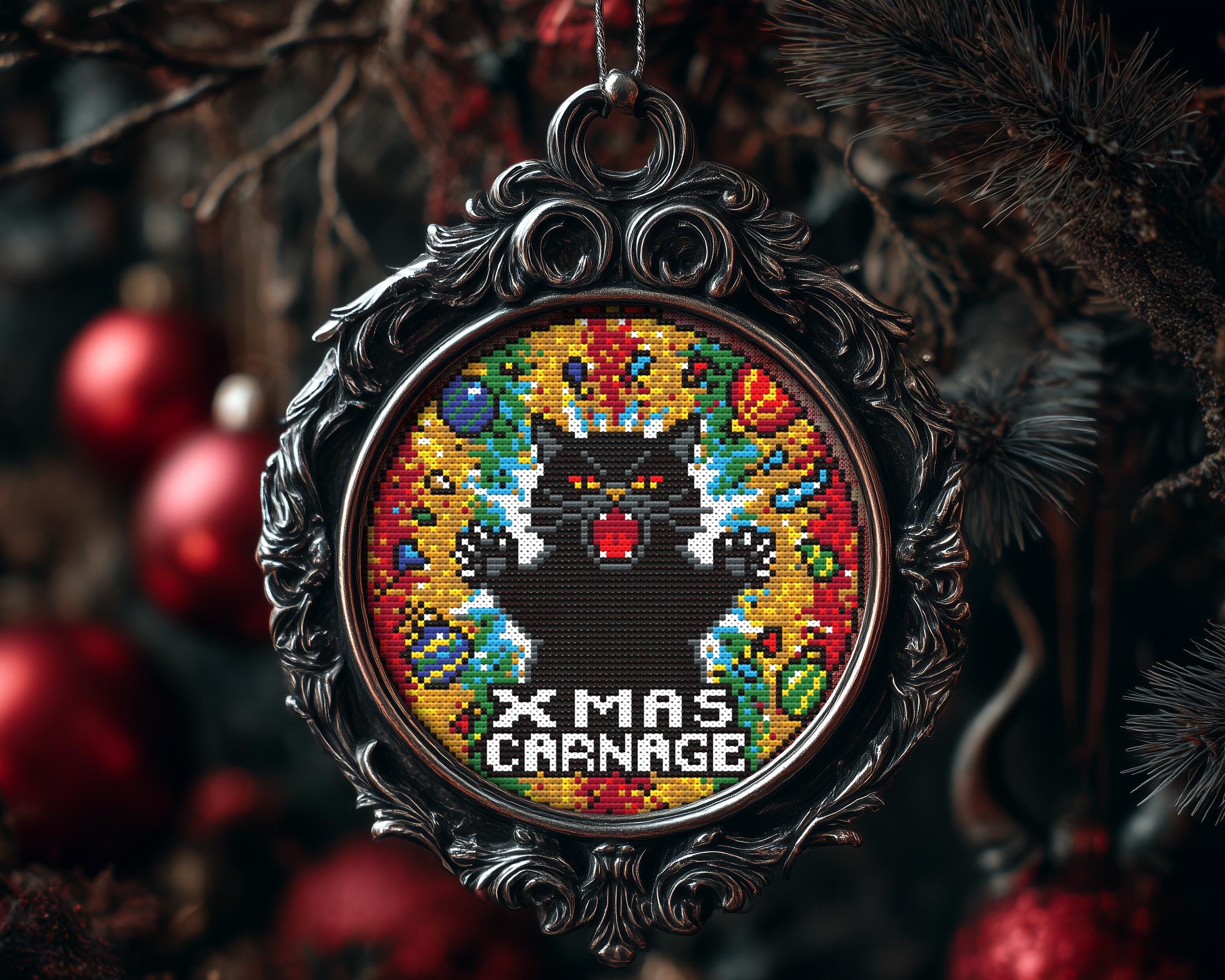 Xmas Carnage Cat Christmas Ornament Cross Stitch Pattern