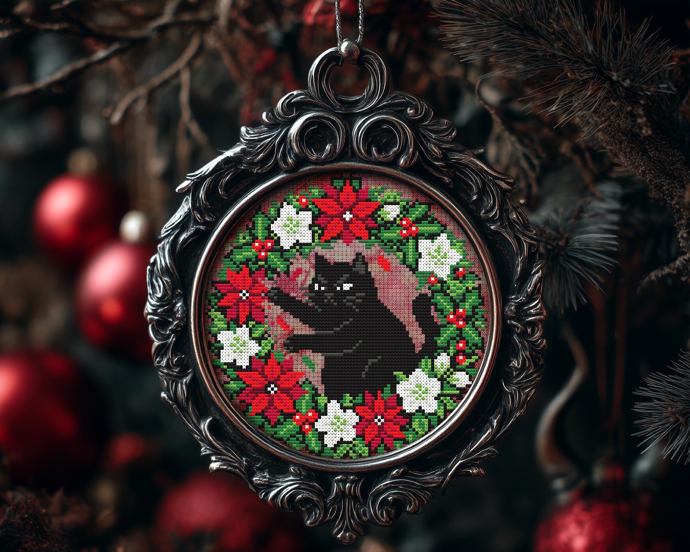 Grumpy Wreath Attack Cat Christmas Ornament Cross Stitch Pattern