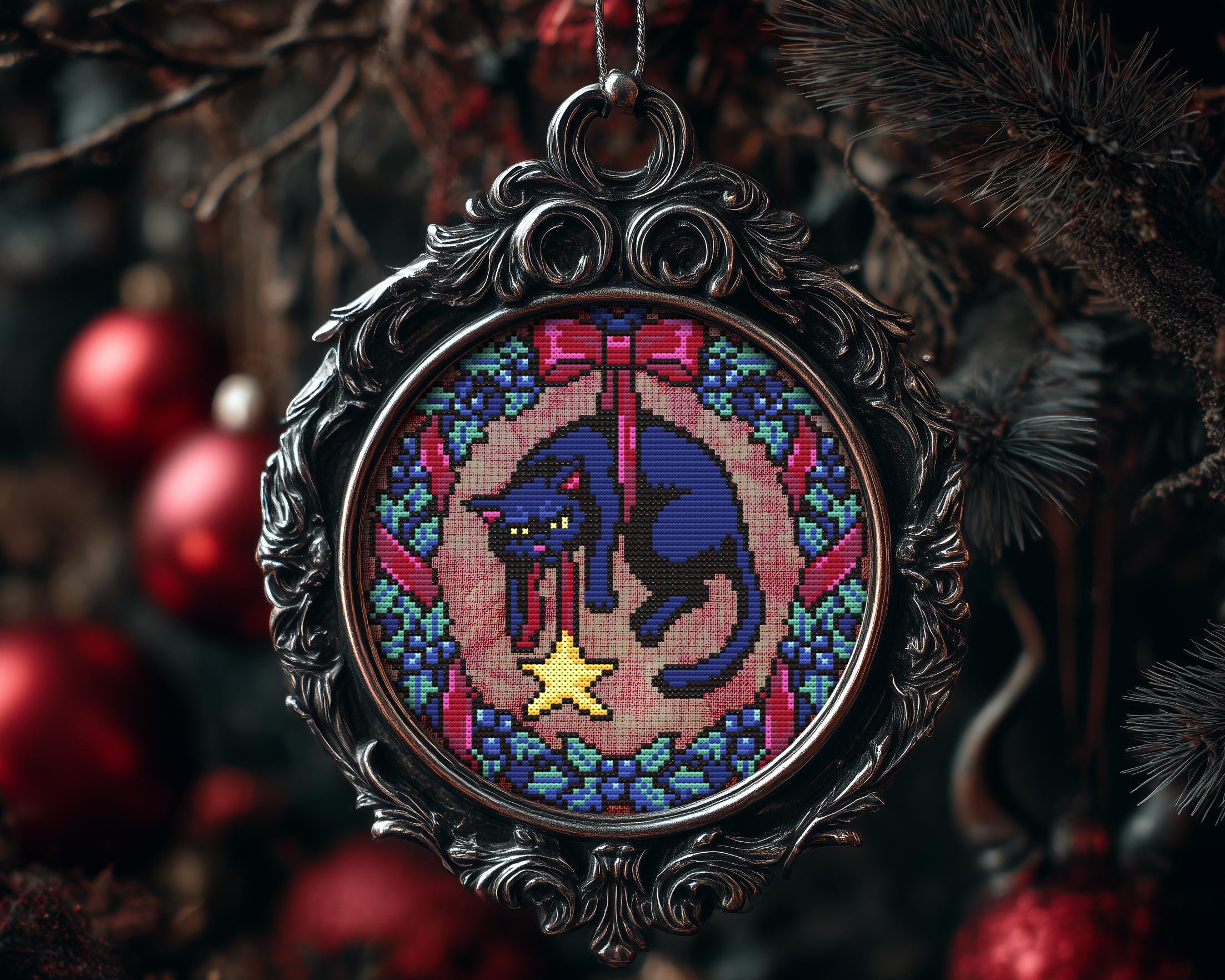 Grumpy Hanging Cat Christmas Ornament Cross Stitch Pattern