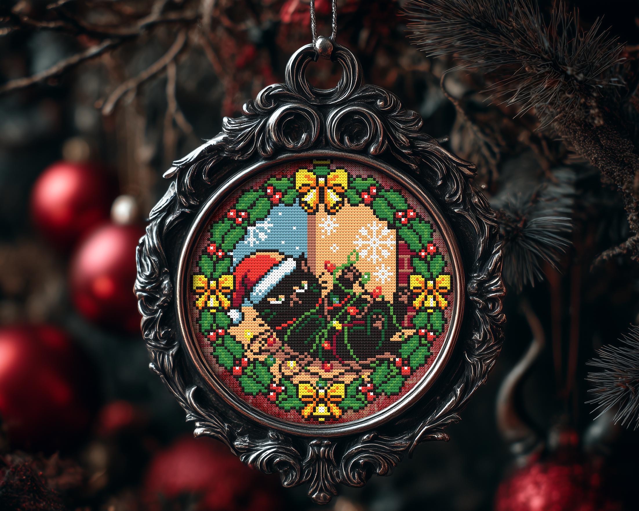 Grumpy Entanglement Cat Christmas Ornament Cross Stitch Pattern