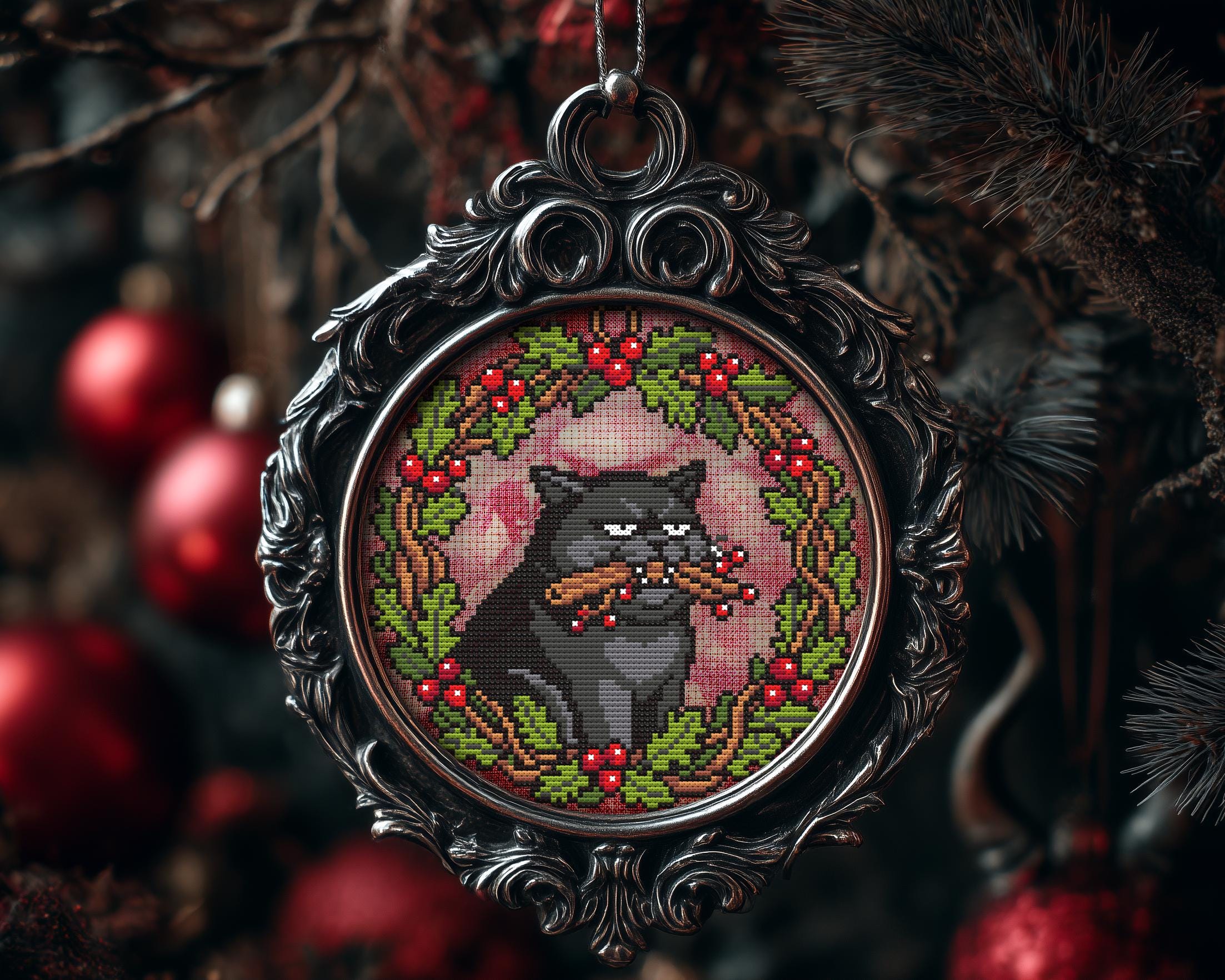Grumpy Wreath Gift Cat Christmas Ornament Cross Stitch Pattern