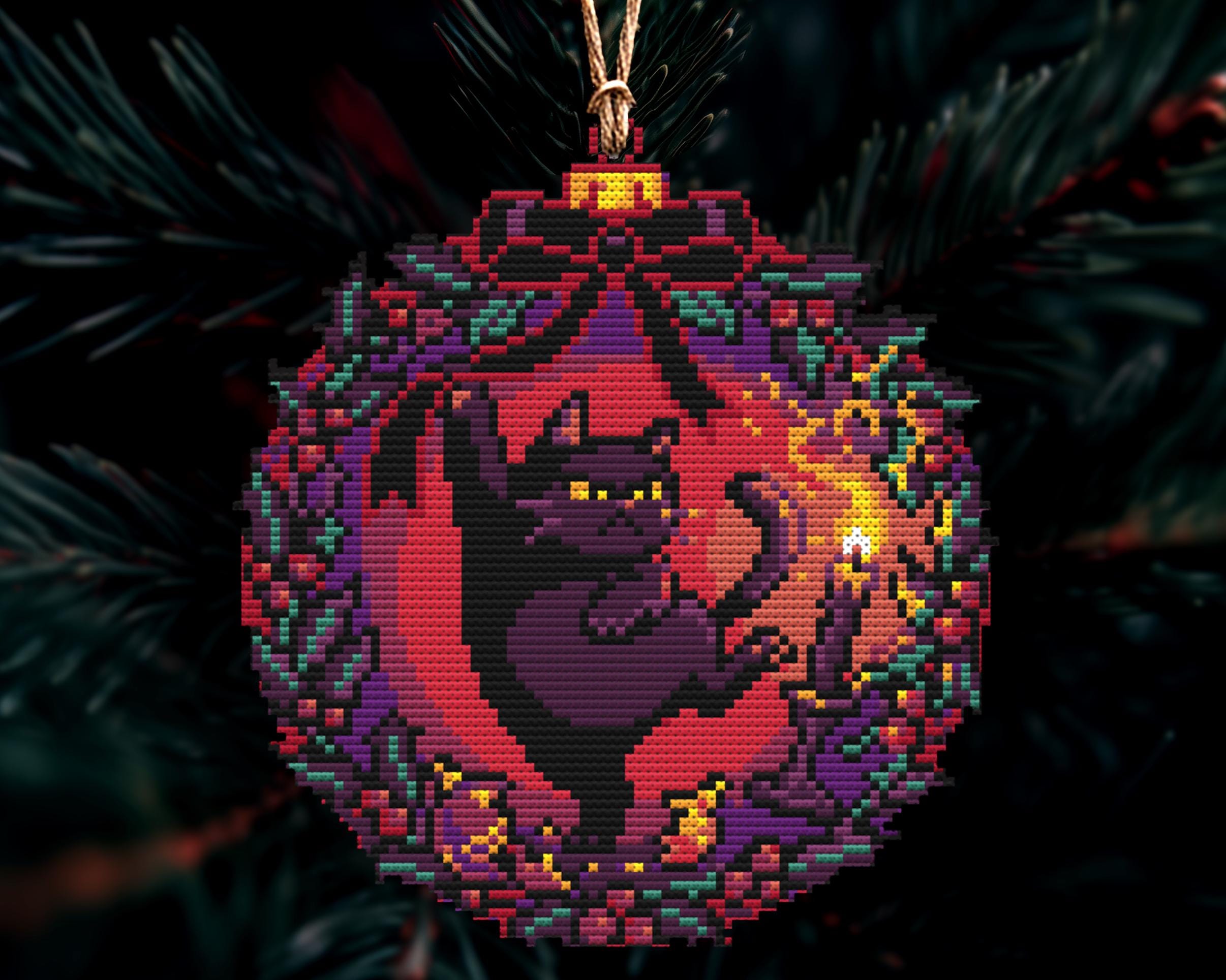 Grumpy Burning Wreath Cat Christmas Ornament Cross Stitch Pattern - Image 3