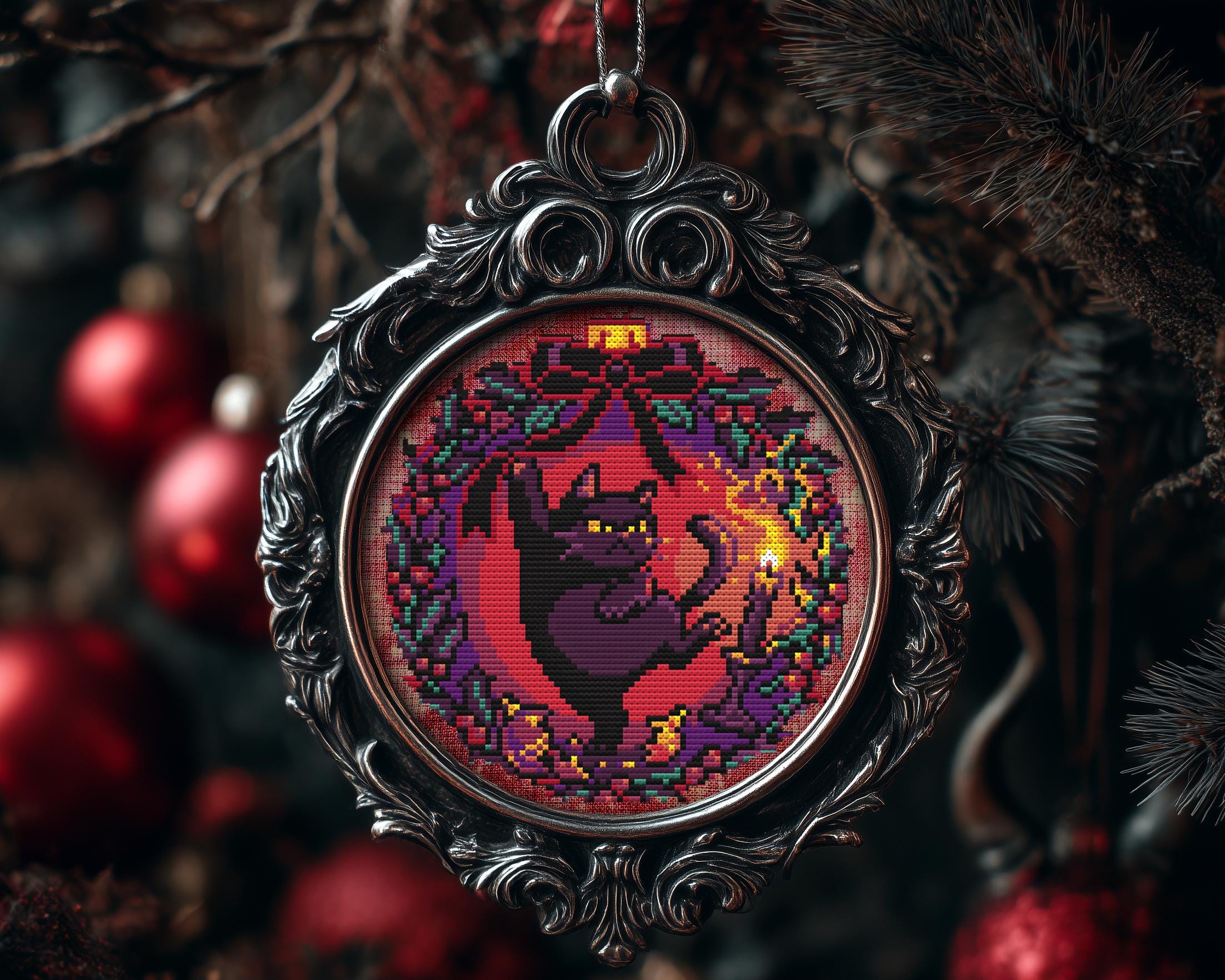 Grumpy Burning Wreath Cat Christmas Ornament Cross Stitch Pattern