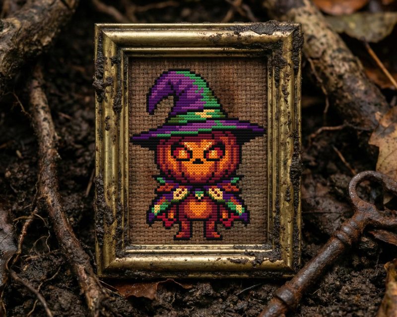 Halloween Wizard Pumpkin Cross Stitch Pattern