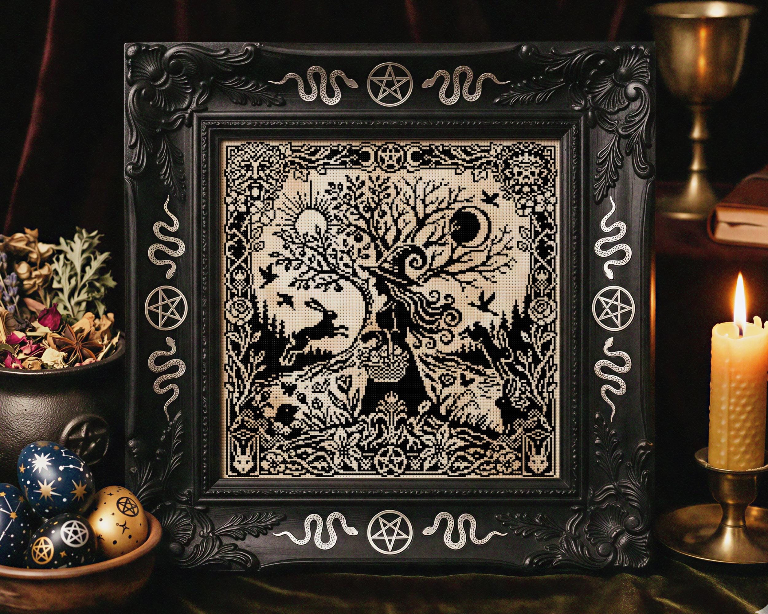 Woodcut Ostara Witch Cross Stitch Pattern