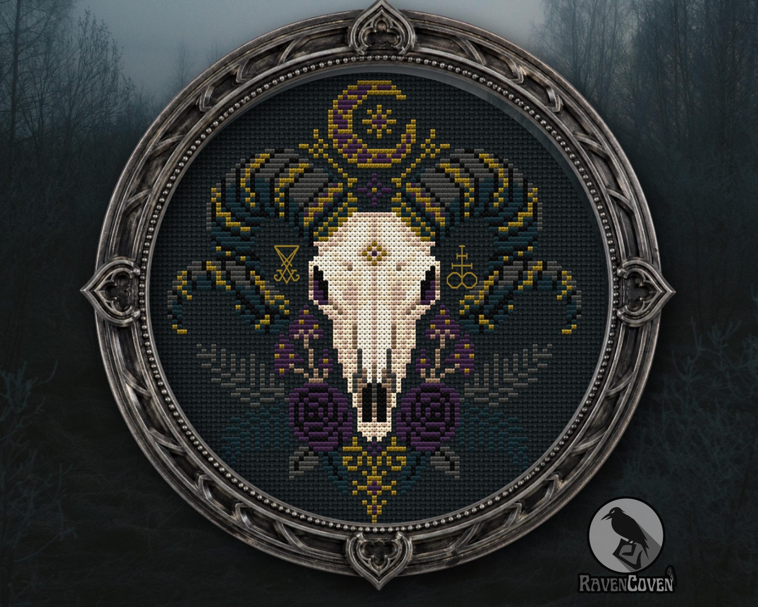 Floral Ram Skull Cross Stitch Pattern