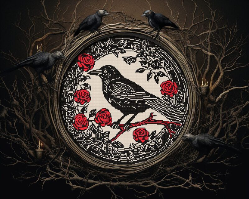 Raven & Roses Woodcut Crow Cross Stitch Pattern
