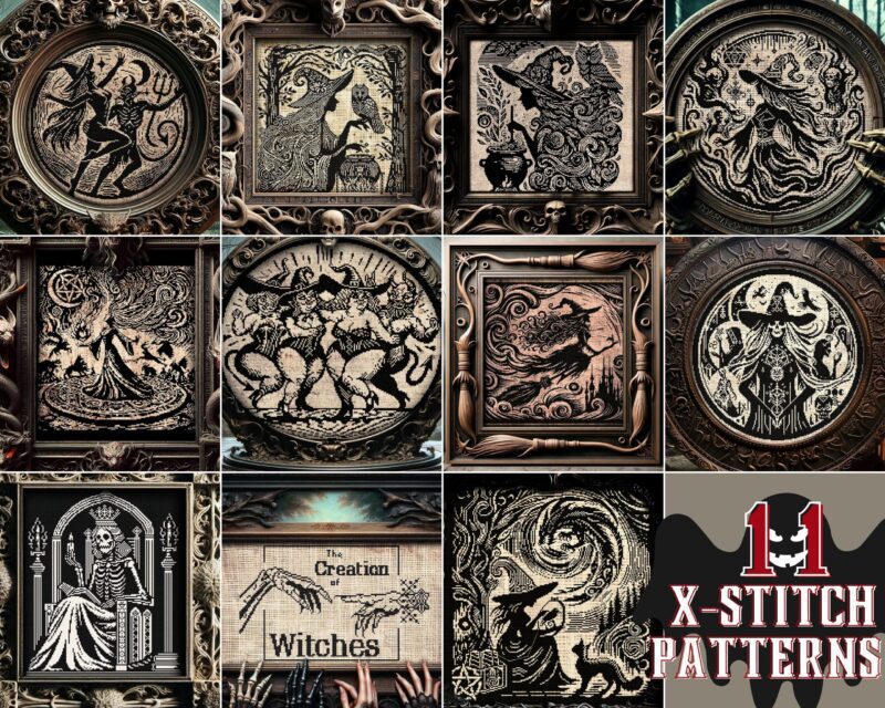 Woodcut Witches Cross Stitch Pattern Bundle Set-11 Designs