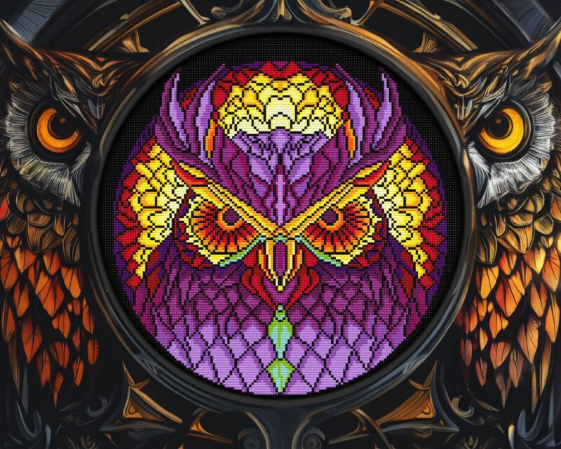 Majestic Owl Stained Glass Cross Stitch Pattern