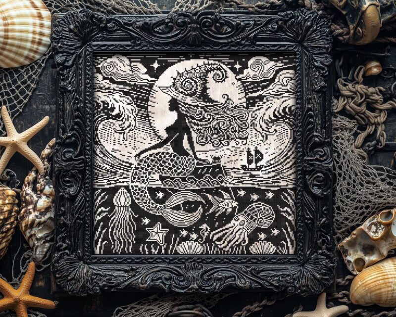 Woodcut Mermaid Witch Cross Stitch Pattern