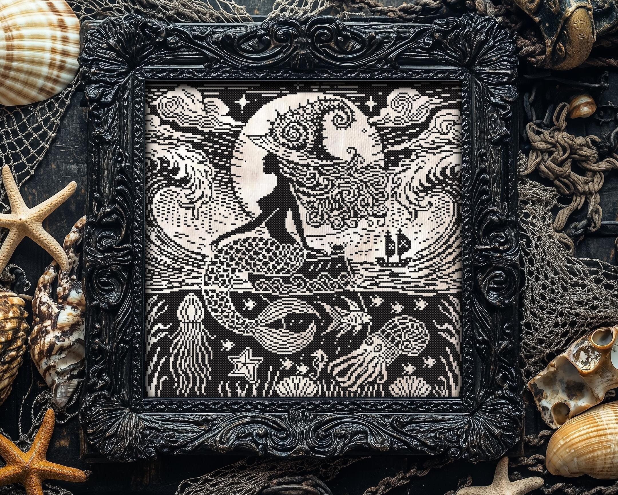 Woodcut Mermaid Witch Cross Stitch Pattern