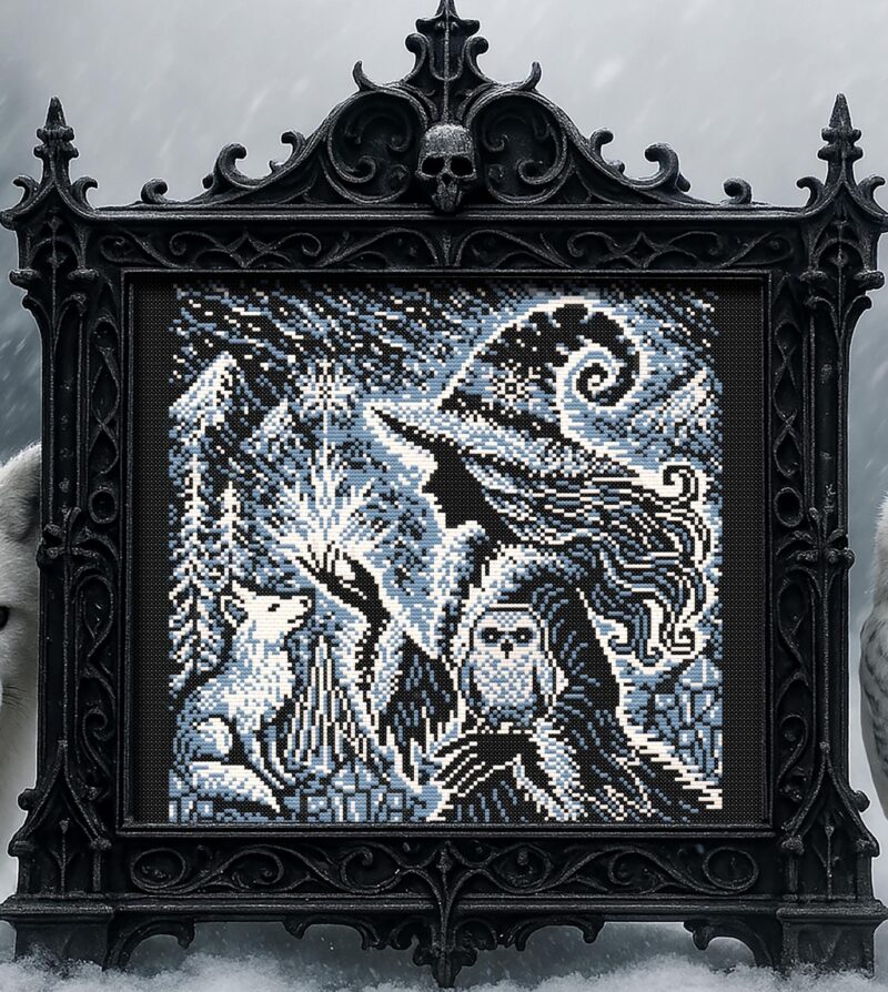 Woodcut Blizzard Witch Cross Stitch Pattern